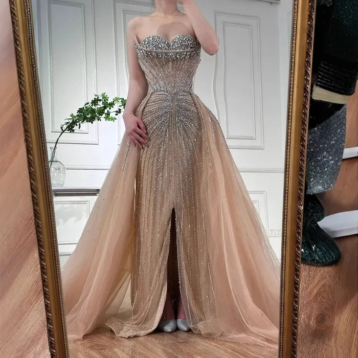 Luxury Dubai Nude Beaded Mermaid Evening Dress with Overskirt LA72811 - SERENE HILL
