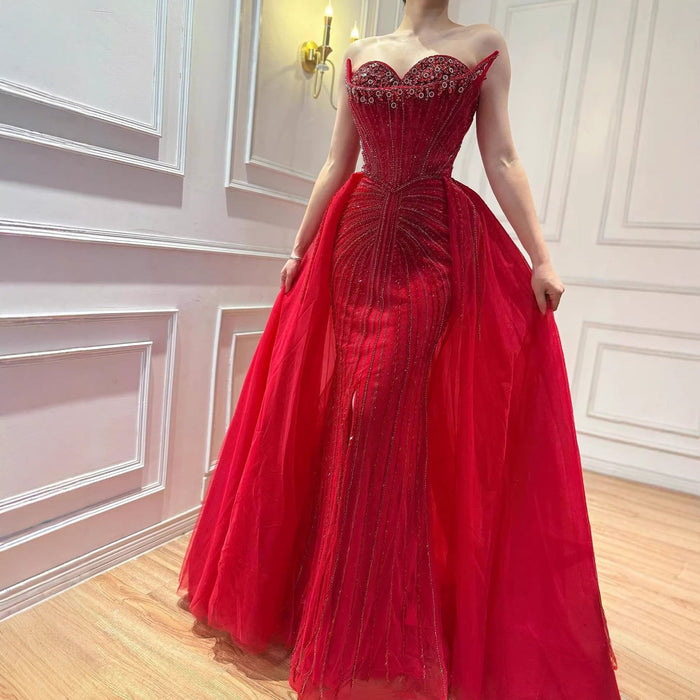 Luxury Dubai Nude Beaded Mermaid Evening Dress with Overskirt LA72811 - SERENE  HILL