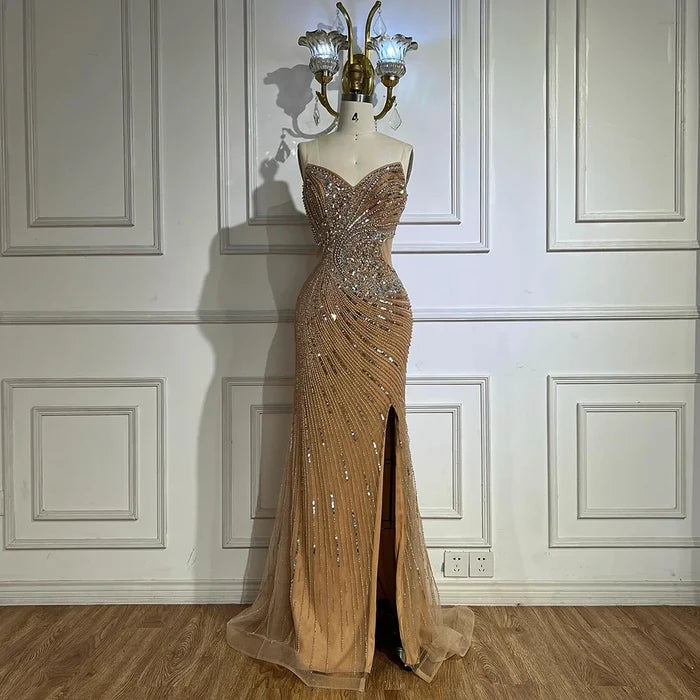 Luxury Dubai Nude Beaded Mermaid Evening Gown with High Split for Formal Occasion LA72904 - SERENE HILL