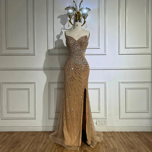 Luxury Dubai Nude Beaded Mermaid Evening Gown with High Split for Formal Occasion LA72904 - SERENE HILL