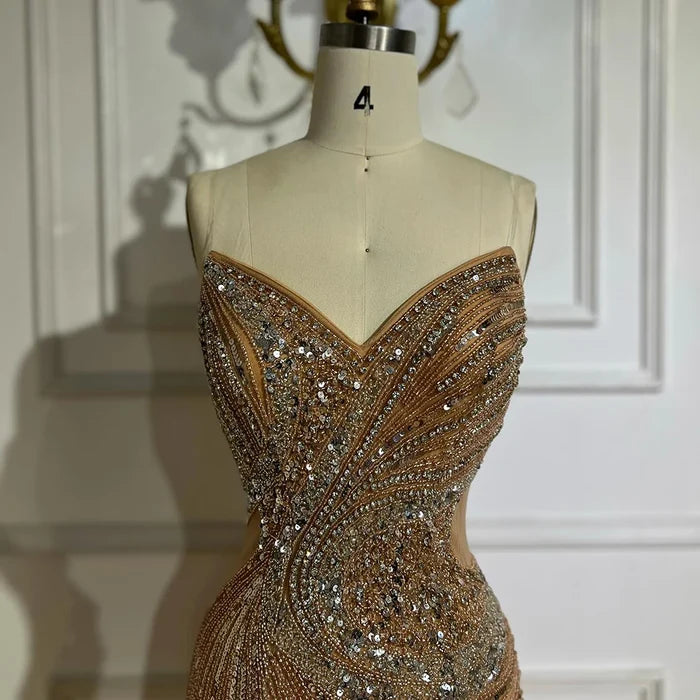 Luxury Dubai Nude Beaded Mermaid Evening Gown with High Split for Formal Occasion LA72904 - SERENE HILL