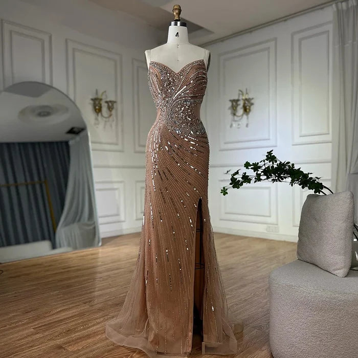 Luxury Dubai Nude Beaded Mermaid Evening Gown with High Split for Formal Occasion LA72904 - SERENE HILL