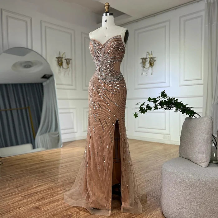 Luxury Dubai Nude Beaded Mermaid Evening Gown with High Split for Formal Occasion LA72904 - SERENE HILL