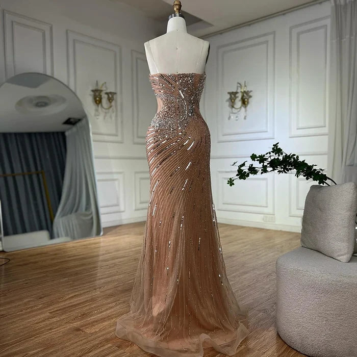 Luxury Dubai Nude Beaded Mermaid Evening Gown with High Split for Formal Occasion LA72904 - SERENE HILL