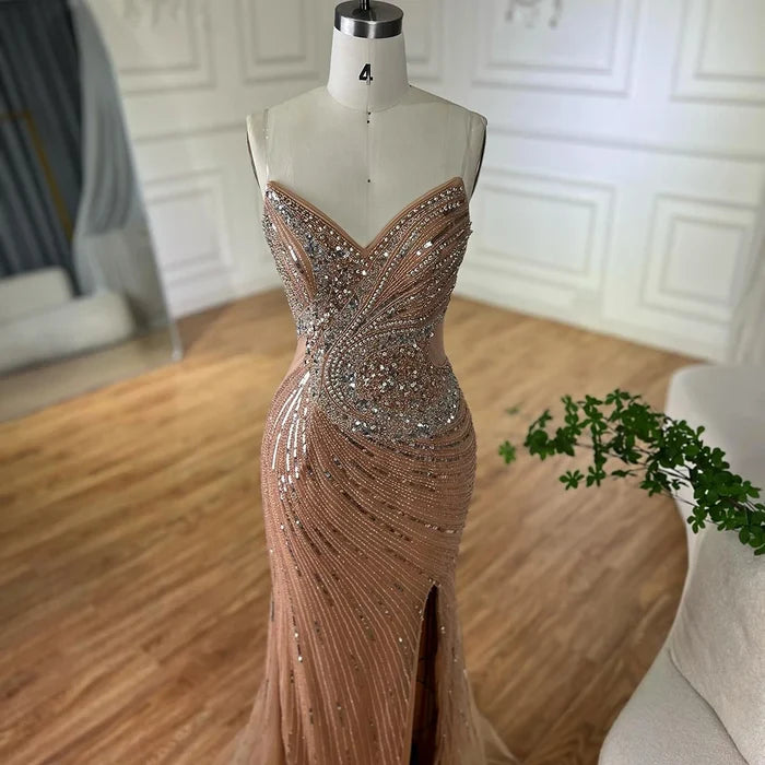 Luxury Dubai Nude Beaded Mermaid Evening Gown with High Split for Formal Occasion LA72904 - SERENE HILL