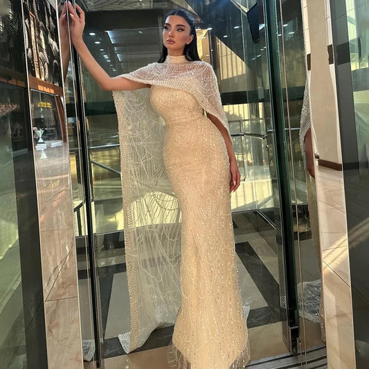 Luxury Dubai Nude Mermaid Long Cape Evening Dress LA72032P - SERENE HILL
