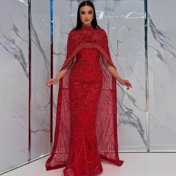 Luxury Dubai Nude Mermaid Long Cape Evening Dress LA72032P - SERENE HILL