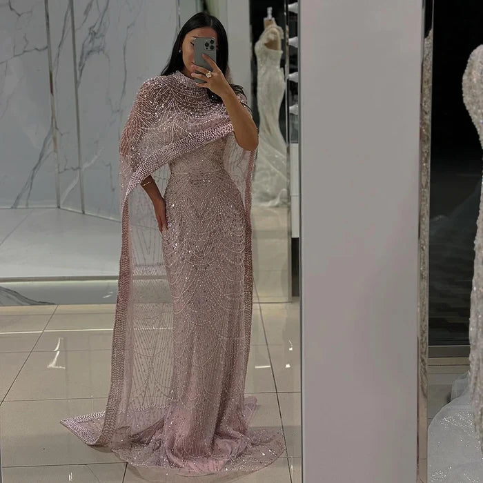 Luxury Dubai Nude Mermaid Long Cape Evening Dress LA72032P - SERENE HILL