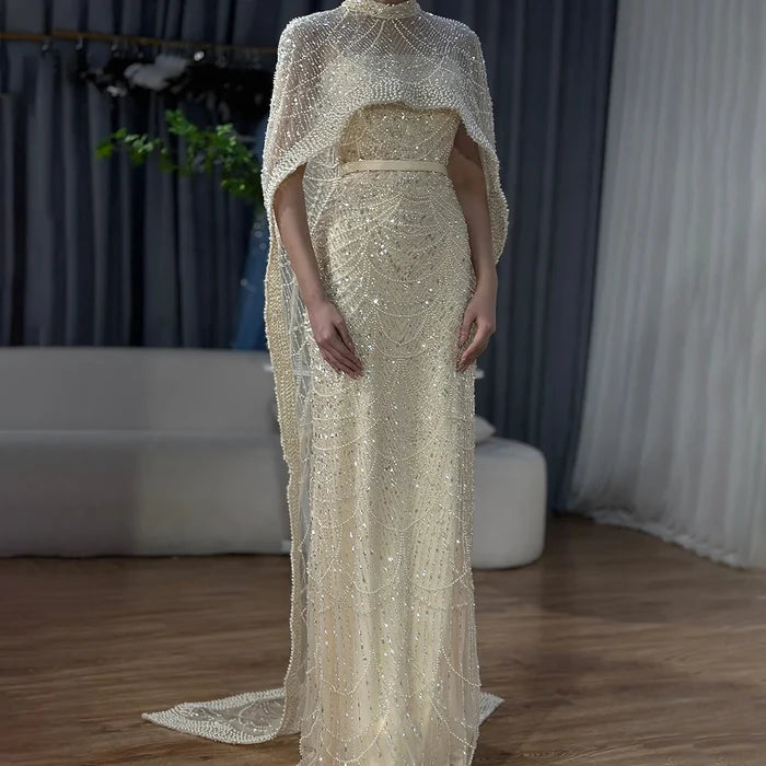 Luxury Dubai Nude Mermaid Long Cape Evening Dress LA72032P - SERENE HILL