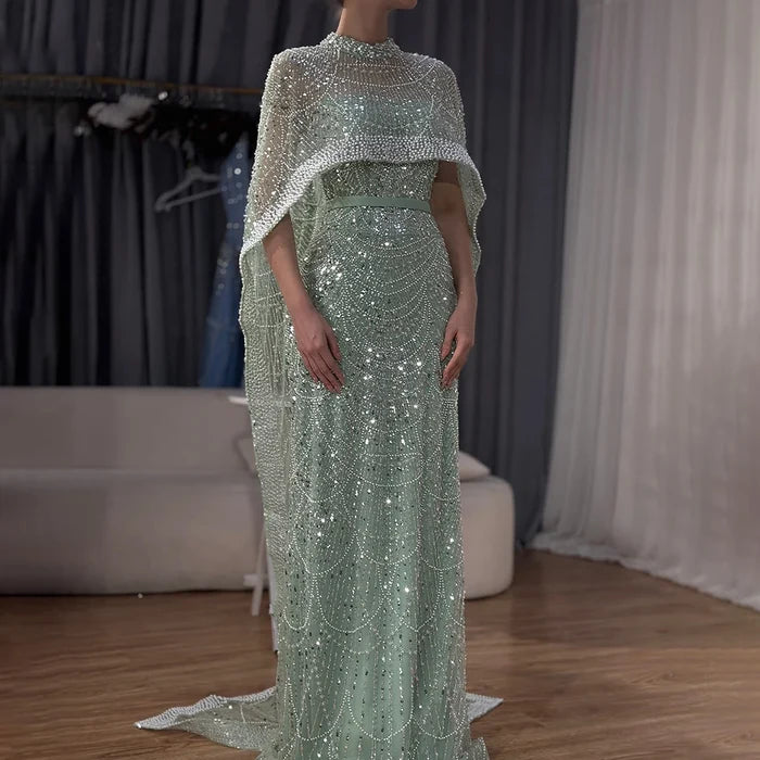 Luxury Dubai Nude Mermaid Long Cape Evening Dress LA72032P - SERENE HILL