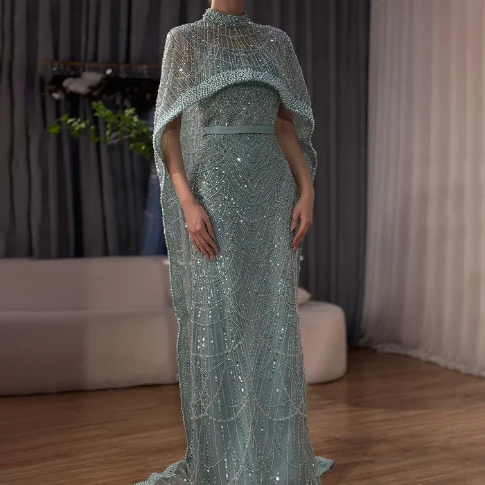 Luxury Dubai Nude Mermaid Long Cape Evening Dress LA72032P - SERENE HILL