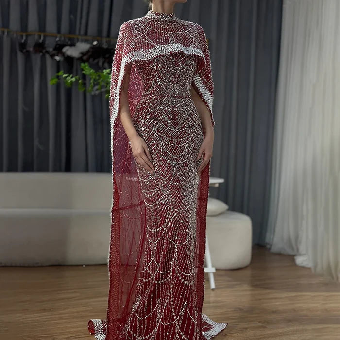 Luxury Dubai Nude Mermaid Long Cape Evening Dress LA72032P - SERENE HILL
