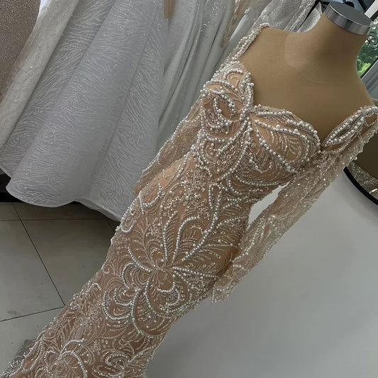 Luxury Dubai Nude Mermaid Luxury Pearls Beaded Arabic Evening Gowns for Formal Occasion Dress LA72648 - SERENE HILL
