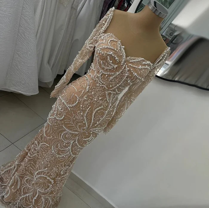 Luxury Dubai Nude Mermaid Luxury Pearls Beaded Arabic Evening Gowns for Formal Occasion Dress LA72648 - SERENE HILL