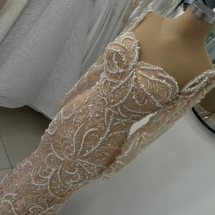Luxury Dubai Nude Mermaid Luxury Pearls Beaded Arabic Evening Gowns for Formal Occasion Dress LA72648 - SERENE HILL