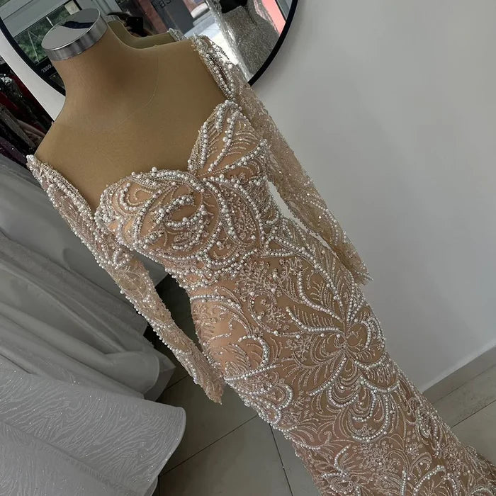 Luxury Dubai Nude Mermaid Luxury Pearls Beaded Arabic Evening Gowns for Formal Occasion Dress LA72648 - SERENE HILL