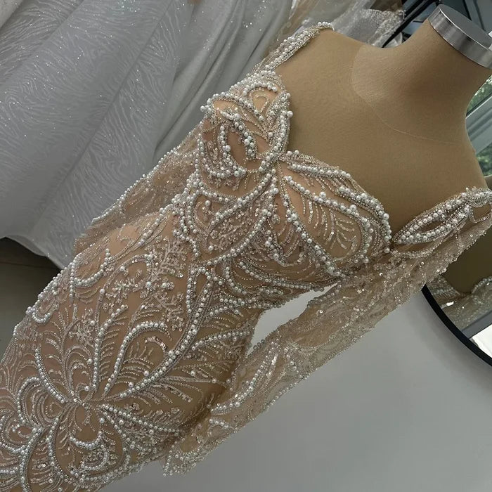 Luxury Dubai Nude Mermaid Luxury Pearls Beaded Arabic Evening Gowns for Formal Occasion Dress LA72648 - SERENE HILL