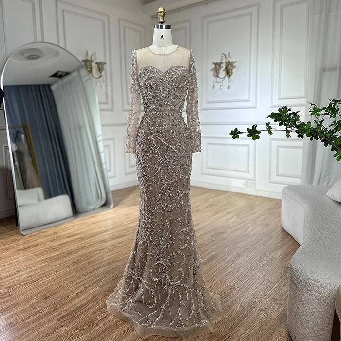 Luxury Dubai Nude Mermaid Luxury Pearls Beaded Arabic Evening Gowns for Formal Occasion Dress LA72648 - SERENE HILL