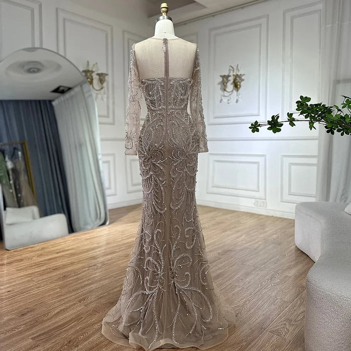 Luxury Dubai Nude Mermaid Luxury Pearls Beaded Arabic Evening Gowns for Formal Occasion Dress LA72648 - SERENE HILL