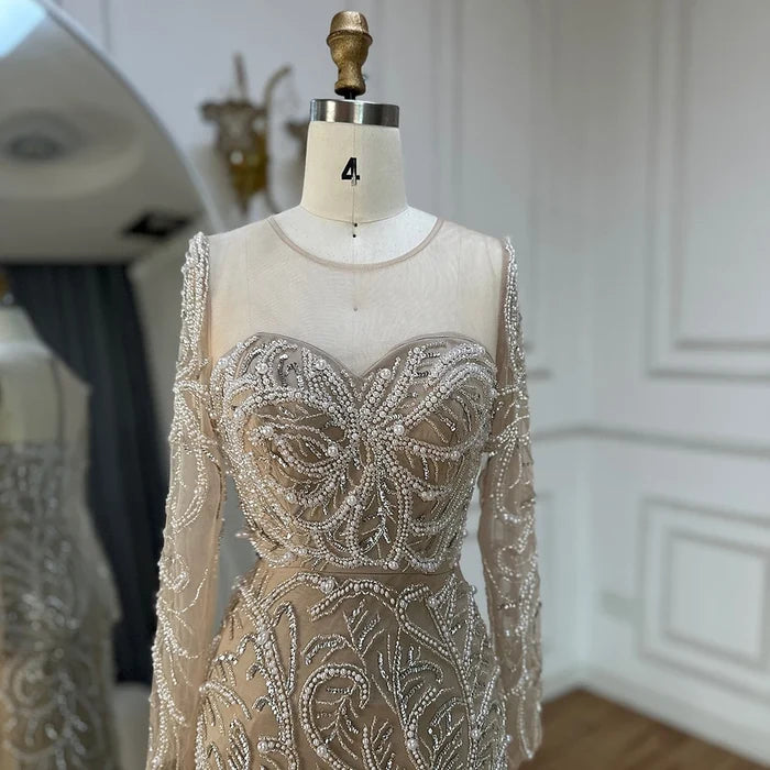Luxury Dubai Nude Mermaid Luxury Pearls Beaded Arabic Evening Gowns for Formal Occasion Dress LA72648 - SERENE HILL
