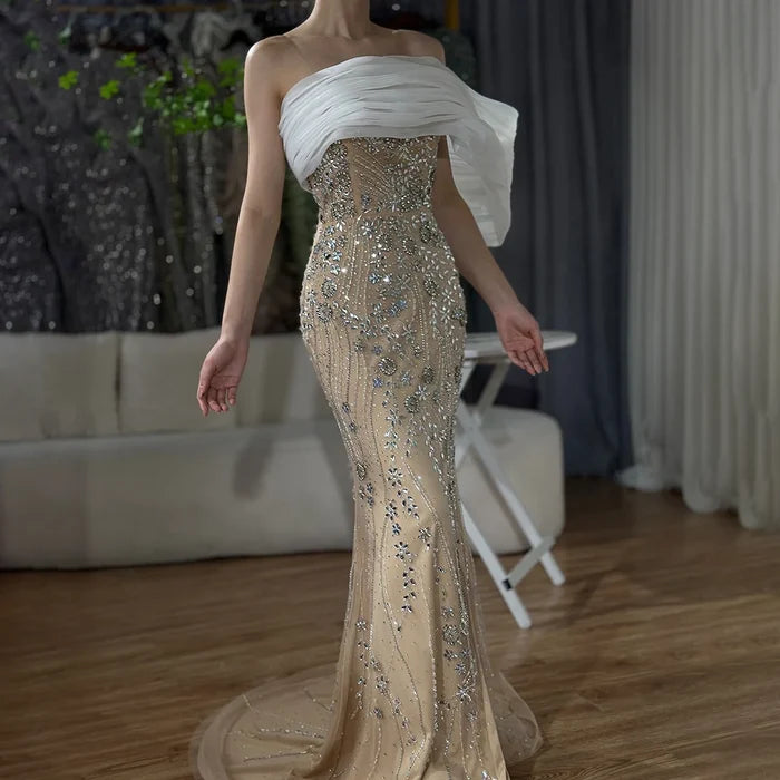Luxury Dubai Nude One Shoulder Split Saudi Arabic Evening Gown Beaded Dress for Formal Occasion LA72746 - SERENE HILL