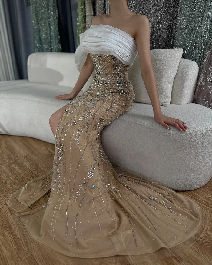 Luxury Dubai Nude One Shoulder Split Saudi Arabic Evening Gown Beaded Dress for Formal Occasion LA72746 - SERENE HILL
