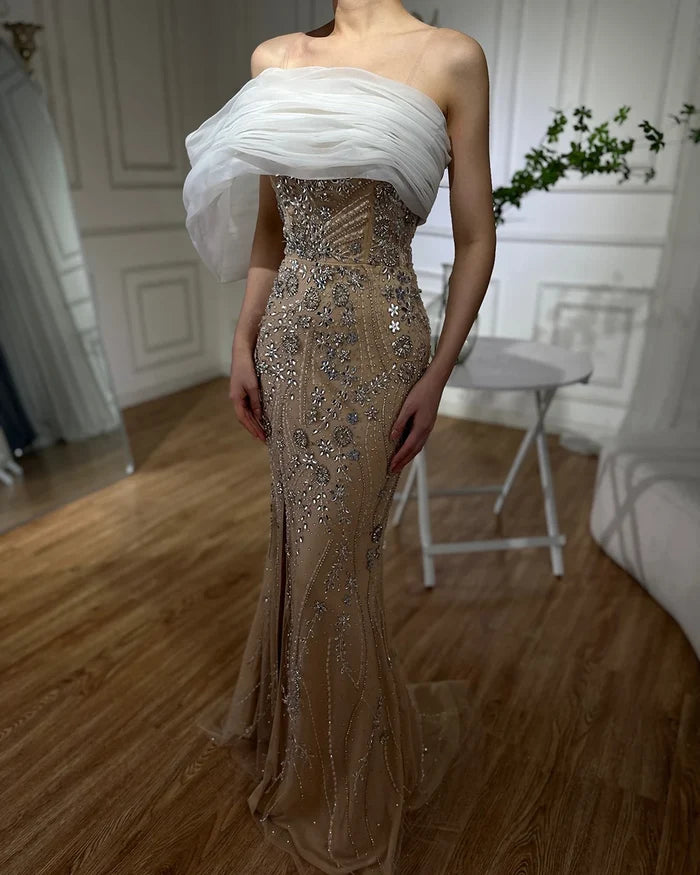 Luxury Dubai Nude One Shoulder Split Saudi Arabic Evening Gown Beaded Dress for Formal Occasion LA72746 - SERENE HILL