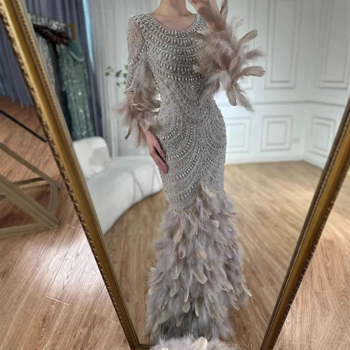 Luxury Dubai Nude Saudi Arabic Evening Gown with Beaded Feathers Dress for Formal Occasion LA72736 - SERENE HILL
