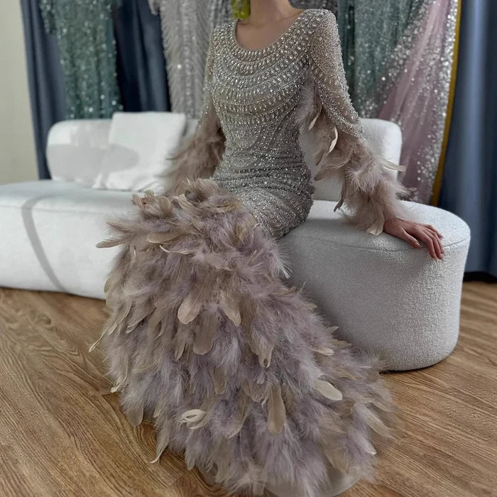 Luxury Dubai Nude Saudi Arabic Evening Gown with Beaded Feathers Dress for Formal Occasion LA72736 - SERENE HILL