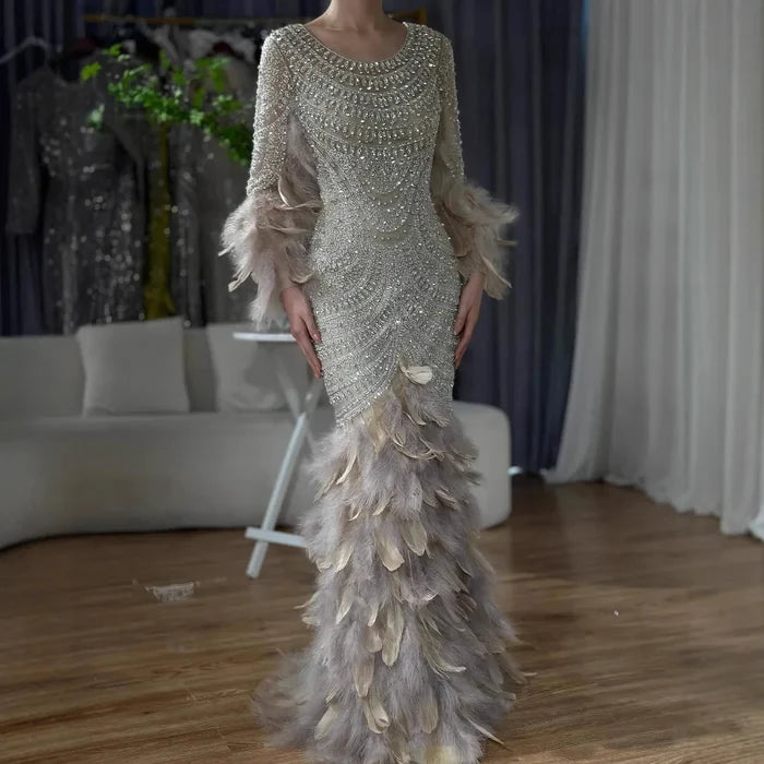 Luxury Dubai Nude Saudi Arabic Evening Gown with Beaded Feathers Dress for Formal Occasion LA72736 - SERENE HILL
