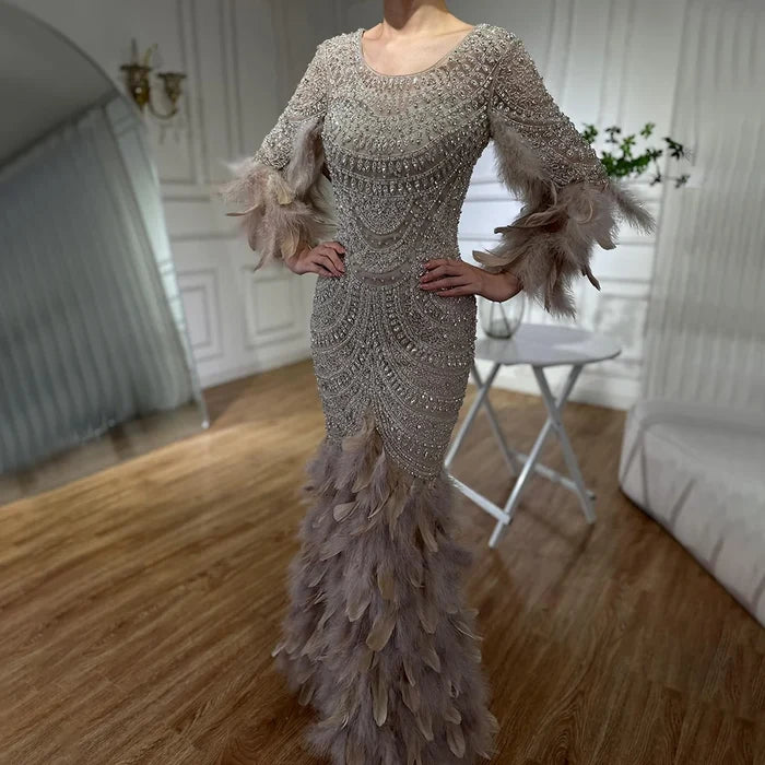 Luxury Dubai Nude Saudi Arabic Evening Gown with Beaded Feathers Dress for Formal Occasion LA72736 - SERENE HILL