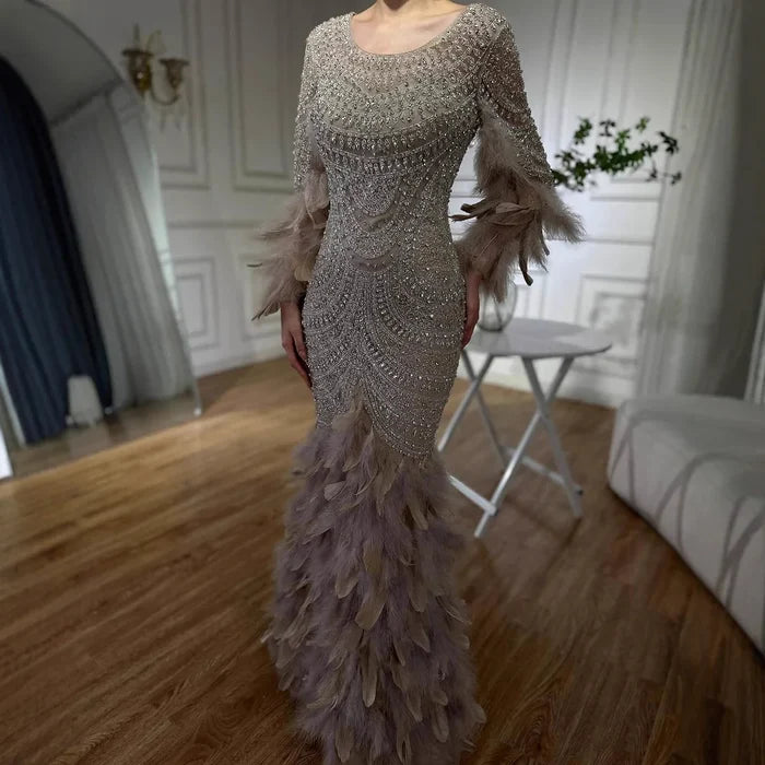 Luxury Dubai Nude Saudi Arabic Evening Gown with Beaded Feathers Dress for Formal Occasion LA72736 - SERENE HILL