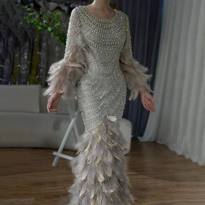 Luxury Dubai Nude Saudi Arabic Evening Gown with Beaded Feathers Dress for Formal Occasion LA72736 - SERENE HILL