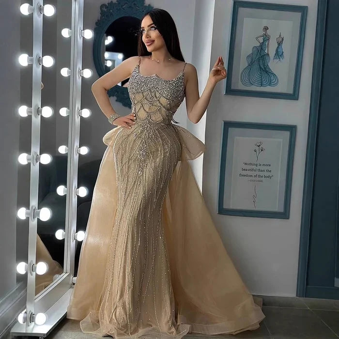 Luxury Dubai Nude Saudi Beaded Spaghetti Strap Evening Dress with Overskirt LA72810 - SERENE HILL