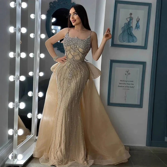 Luxury Dubai Nude Saudi Beaded Spaghetti Strap Evening Dress with Overskirt LA72810 - SERENE HILL