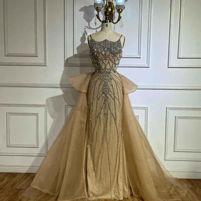 Luxury Dubai Nude Saudi Beaded Spaghetti Strap Evening Dress with Overskirt LA72810 - SERENE HILL