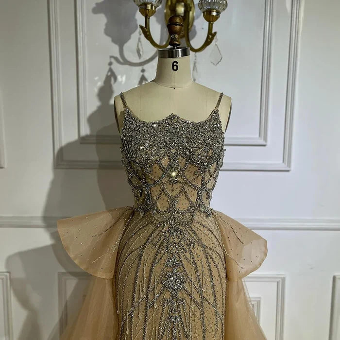 Luxury Dubai Nude Saudi Beaded Spaghetti Strap Evening Dress with Overskirt LA72810 - SERENE HILL