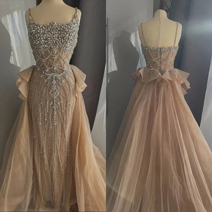 Luxury Dubai Nude Saudi Beaded Spaghetti Strap Evening Dress with Overskirt LA72810 - SERENE HILL