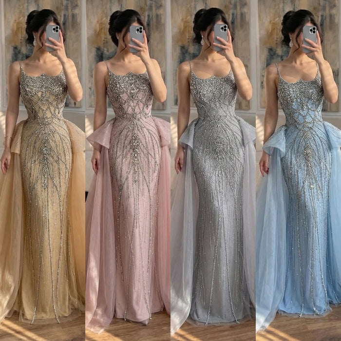 Luxury Dubai Nude Saudi Beaded Spaghetti Strap Evening Dress with Overskirt LA72810