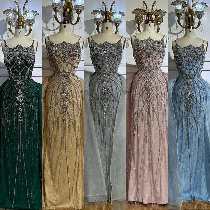 Luxury Dubai Nude Saudi Beaded Spaghetti Strap Evening Dress with Overskirt LA72810 - SERENE HILL