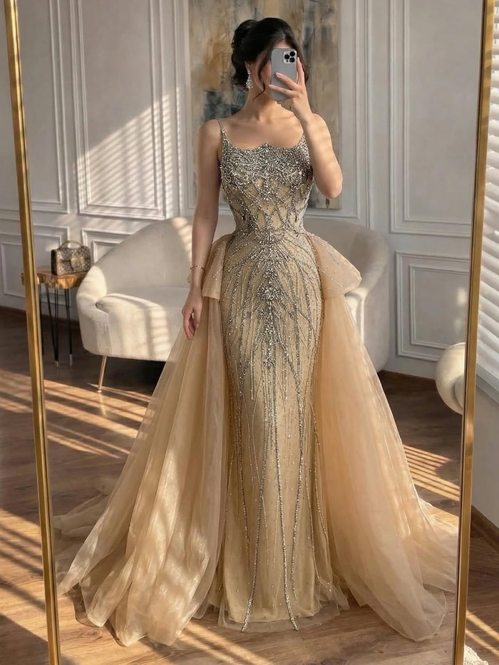 Luxury Dubai Nude Saudi Beaded Spaghetti Strap Evening Dress with Overskirt LA72810