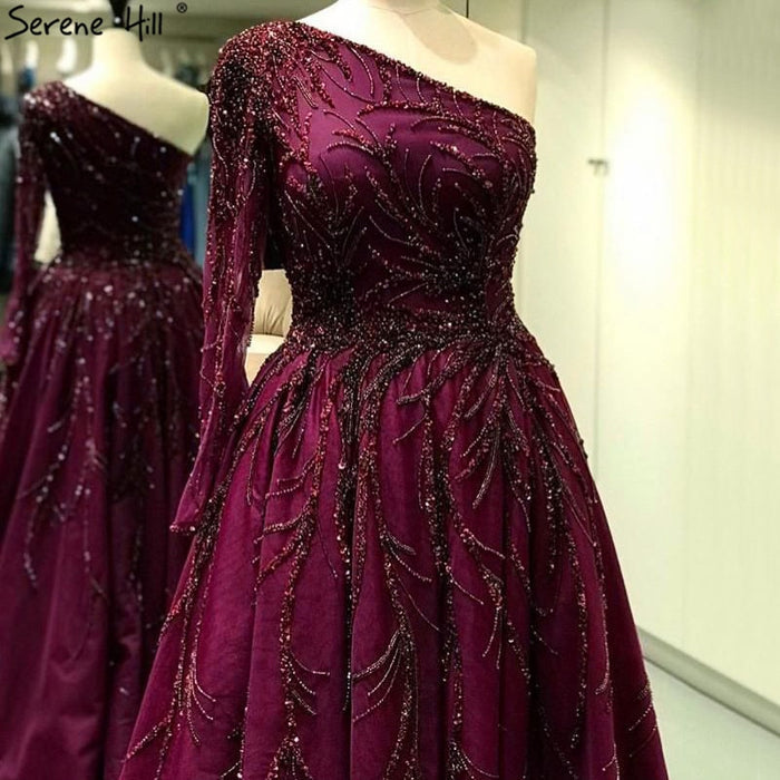 Luxury Dubai One Shoulder Wine Red Evening Dresses LA60988 - SERENE HILL
