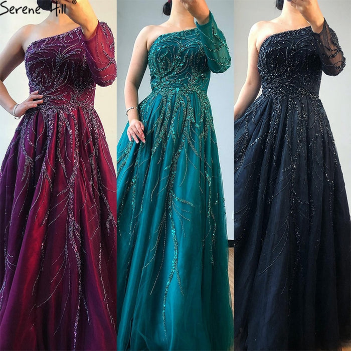 Luxury Dubai One Shoulder Wine Red Evening Dresses LA60988 - SERENE HILL