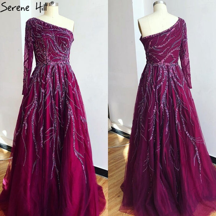 Luxury Dubai One Shoulder Wine Red Evening Dresses LA60988 - SERENE HILL