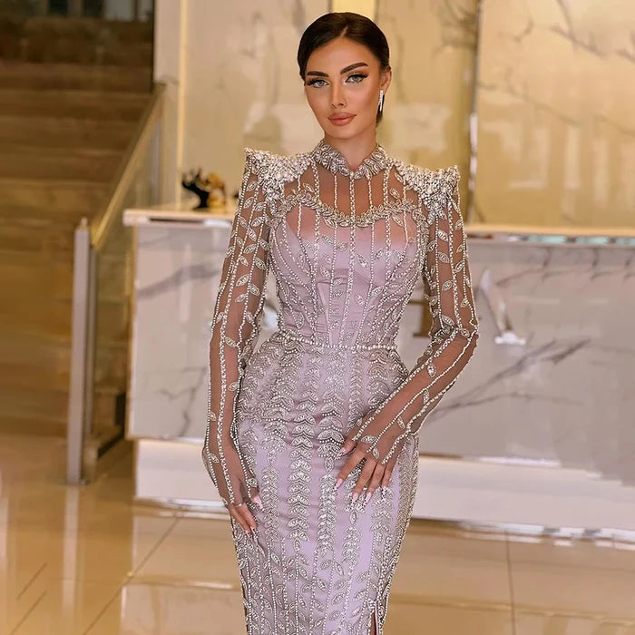 Luxury Dubai Pink Elegant Pearls Beaded Mermaid Evening Dress LA72826 - SERENE HILL