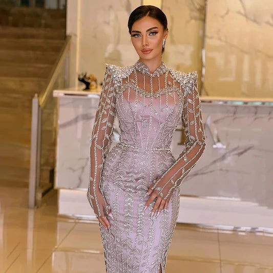 Luxury Dubai Pink Elegant Pearls Beaded Mermaid Evening Dress LA72826 - SERENE HILL