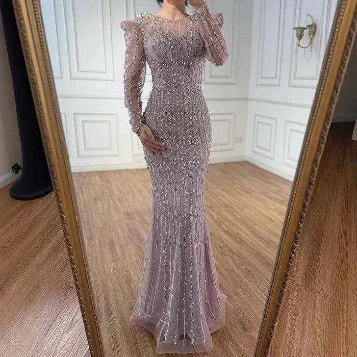 Luxury Dubai Pink Elegant Pearls Beaded Mermaid Evening Dress LA72826 - SERENE HILL