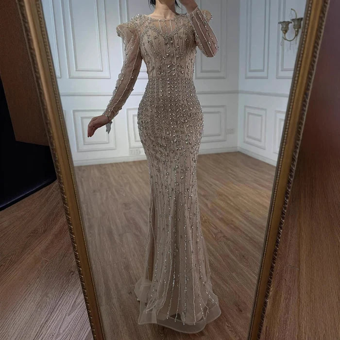 Luxury Dubai Pink Elegant Pearls Beaded Mermaid Evening Dress LA72826 - SERENE HILL