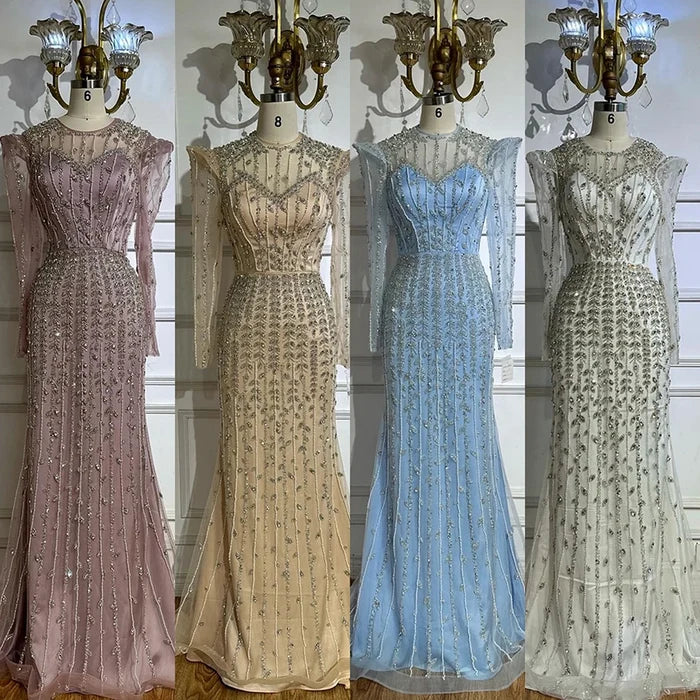 Luxury Dubai Pink Elegant Pearls Beaded Mermaid Evening Dress LA72826 - SERENE HILL