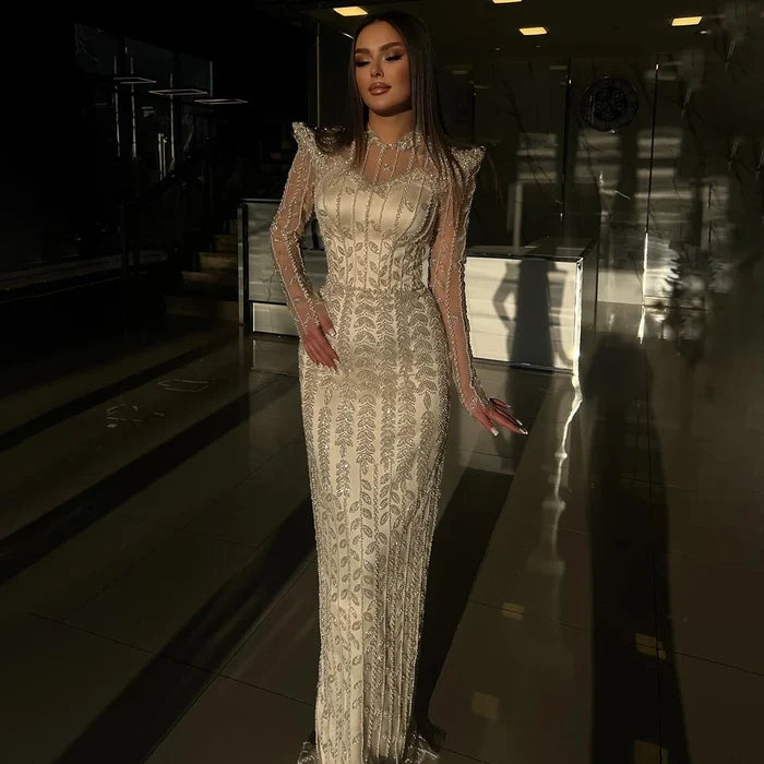 Luxury Dubai Pink Elegant Pearls Beaded Mermaid Evening Dress LA72826 - SERENE HILL